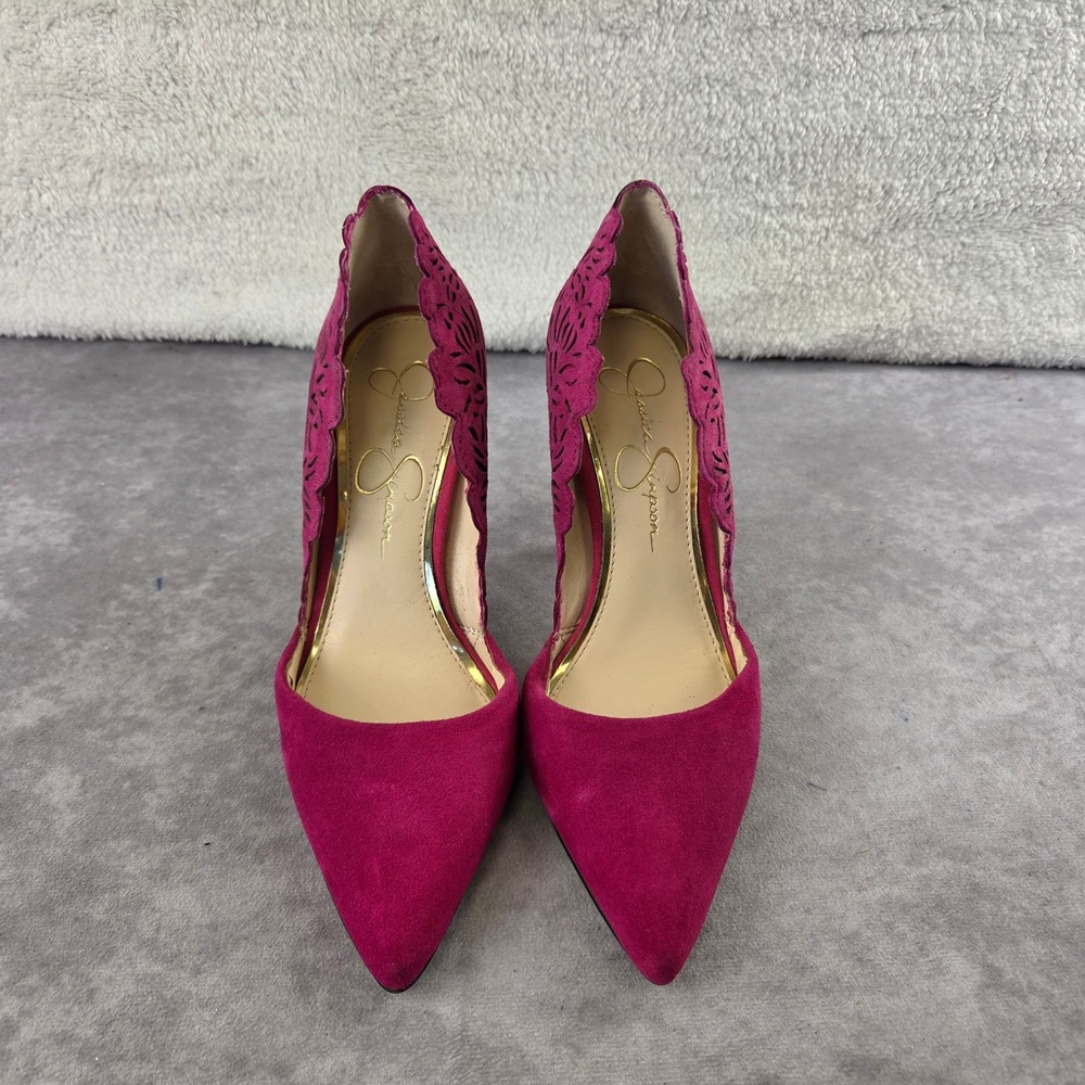 Jessica Simpson Magenta Pink Suede Laser Cut Scalloped Pointed Toe Heels 7M - Picture 5 of 9